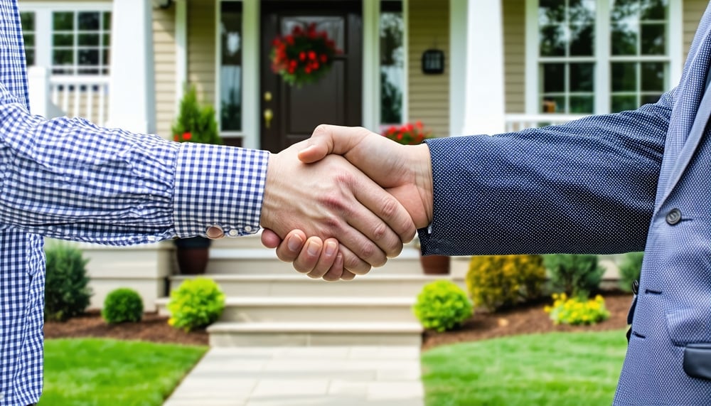 Homeowner shaking hands with a real estate investor in front of a house Homeowner shaking hands with a real estate investor in front of a house